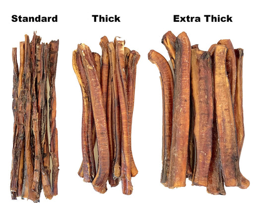 Bully Sticks comparison, showing three thicknesses. Available to purchase in lengths of 15cm and 30cm from snax.pet