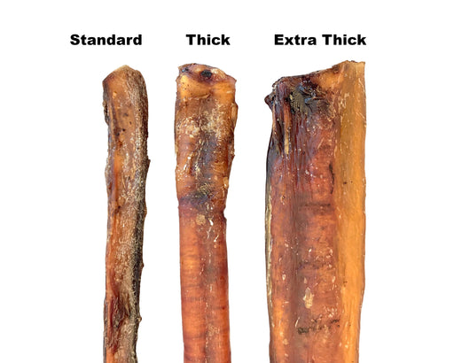 Bully Sticks comparison, showing three thicknesses close up view. Oven dried, popular pet treat. Available to purchase in lengths of 15cm and 30cm from snax.pet
